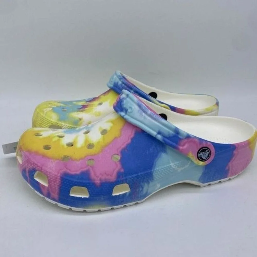 Crocs Shoes Unisex Men 10 Women 12 White Multi Tie Dye Graphic Clogs Slip On NWT